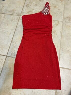 Emerald Sundae Red One-Shoulder Mini Dress with Jewel Embellishment